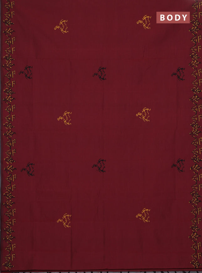 Semi silk cotton saree maroon and mustard yellow with warli butta prints and printed border