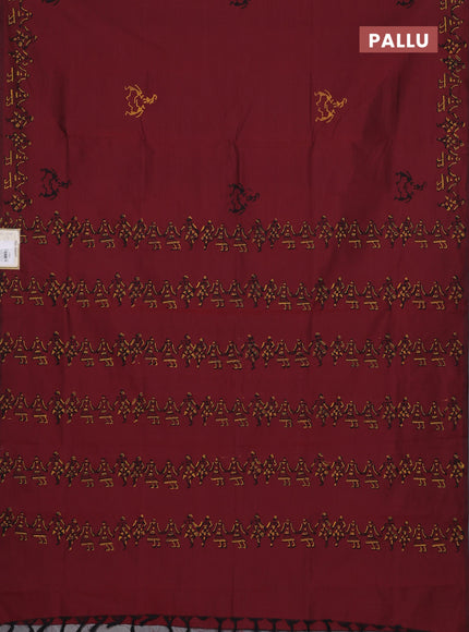 Semi silk cotton saree maroon and mustard yellow with warli butta prints and printed border