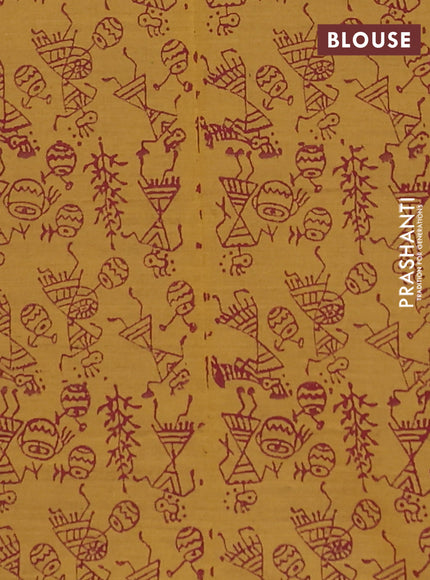 Semi silk cotton saree maroon and mustard yellow with warli butta prints and printed border