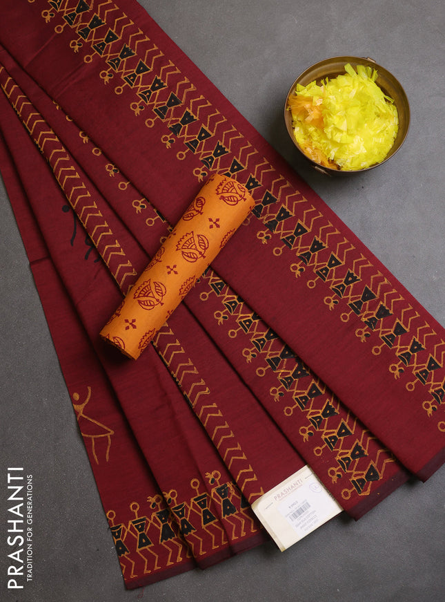 Semi silk cotton saree maroon and yellow with warli butta prints and printed border
