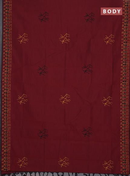 Semi silk cotton saree maroon and yellow with warli butta prints and printed border