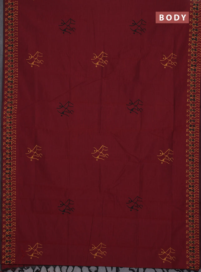 Semi silk cotton saree maroon and yellow with warli butta prints and printed border