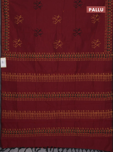 Semi silk cotton saree maroon and yellow with warli butta prints and printed border