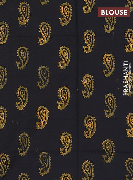 Semi silk cotton saree mustard green shade and black with paisley butta prints and printed border
