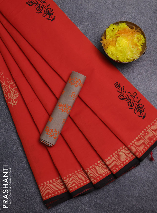 Semi silk cotton saree orange and beige with butta printed and printed border