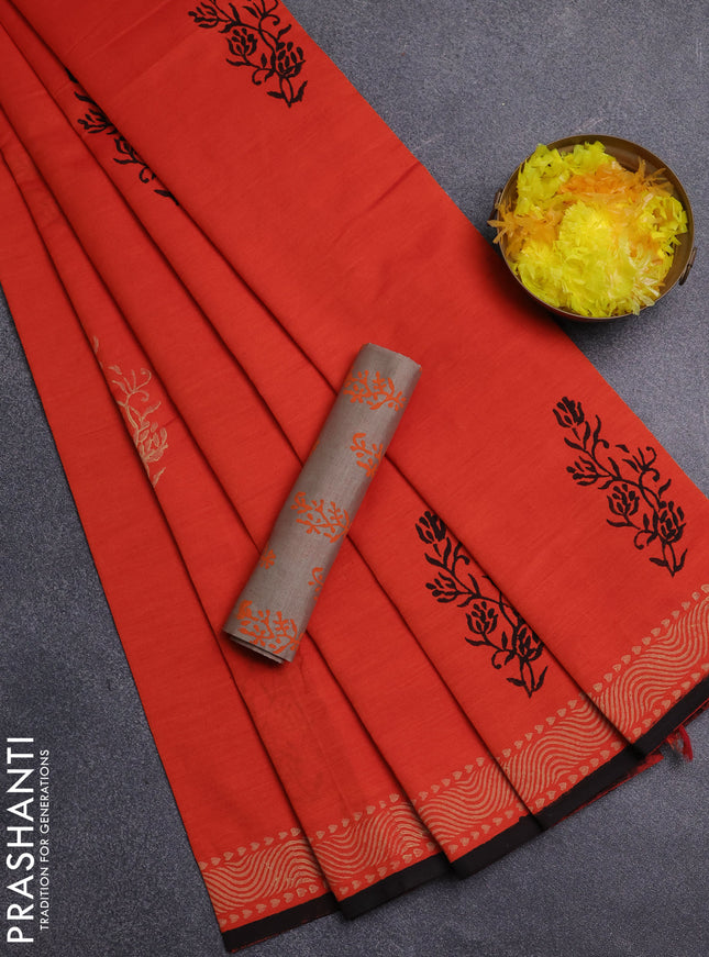 Semi silk cotton saree orange and beige with butta prints and printed border