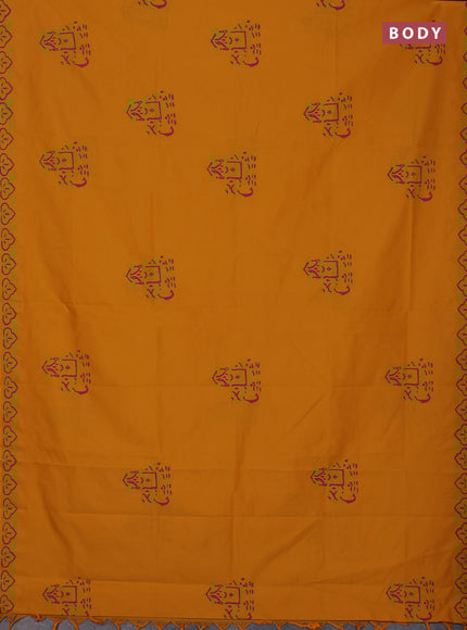 Semi silk cotton saree yellow and light green with butta prints and printed border