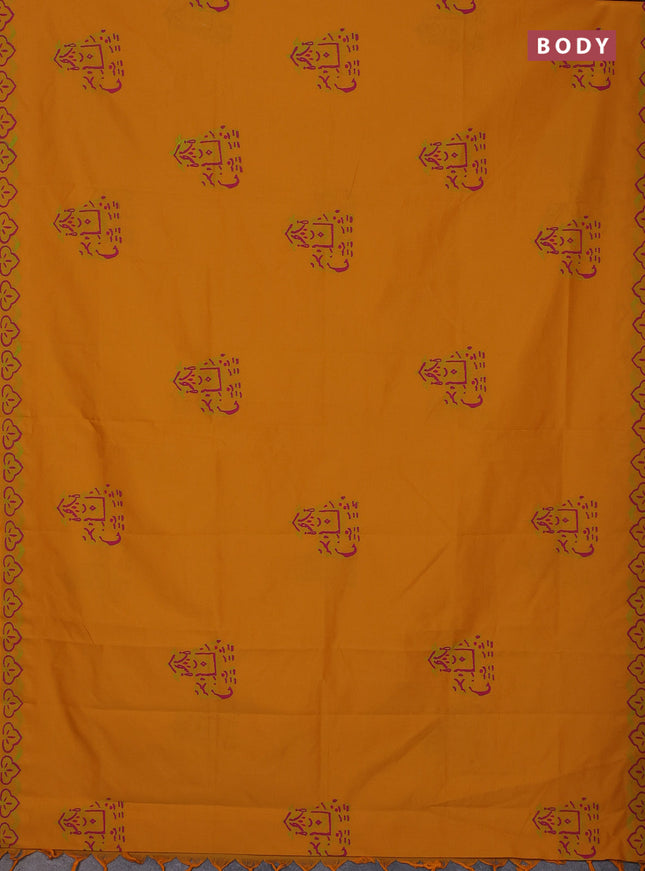 Semi silk cotton saree yellow and light green with butta prints and printed border