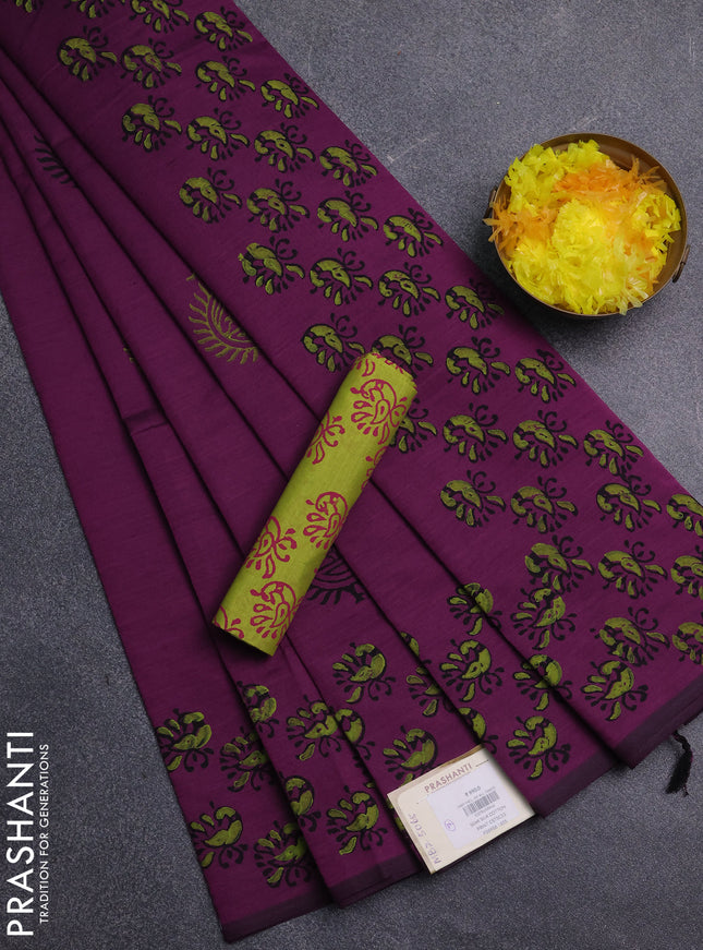 Semi silk cotton saree purple and lime green with butta prints and printed border