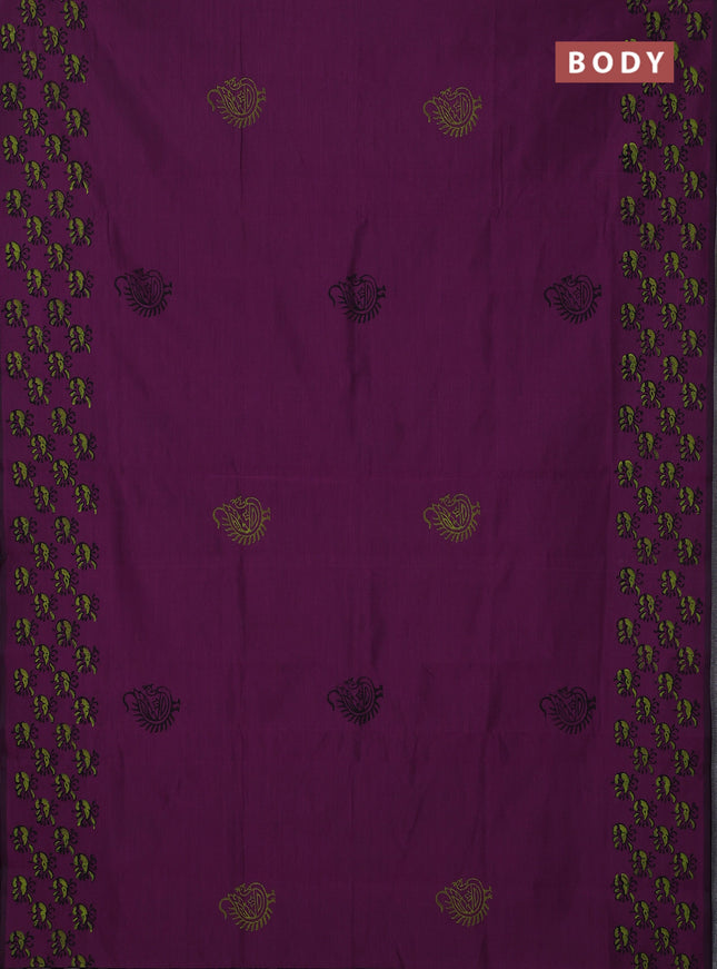 Semi silk cotton saree purple and lime green with butta prints and printed border