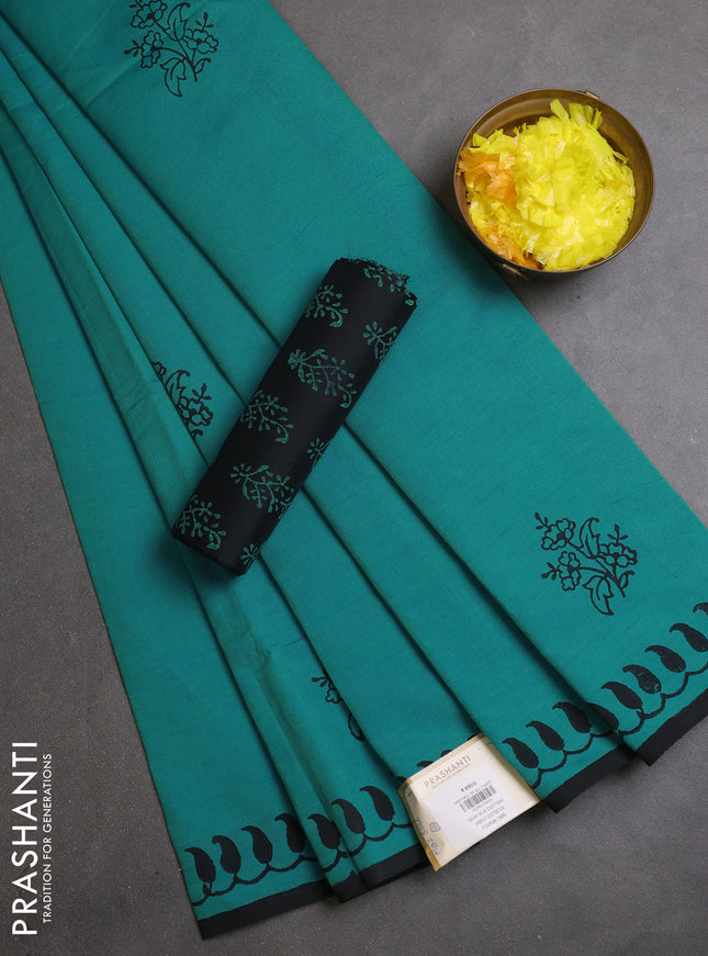 Semi silk cotton saree dual shade of teal blue and black with butta prints and printed border