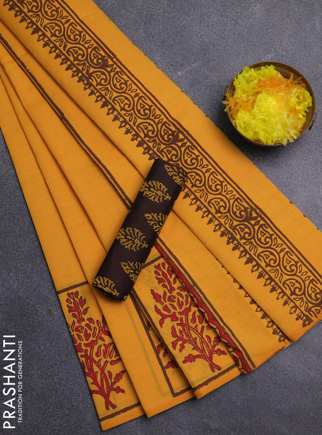 Semi silk cotton saree mango yellow and brown with butta prints and butta printed border