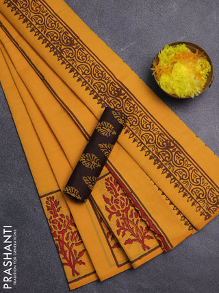 Semi silk cotton saree mango yellow and brown with butta prints and butta printed border