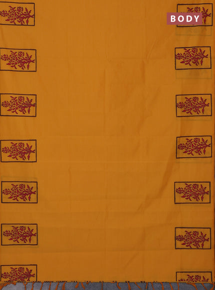Semi silk cotton saree mango yellow and brown with butta prints and butta printed border