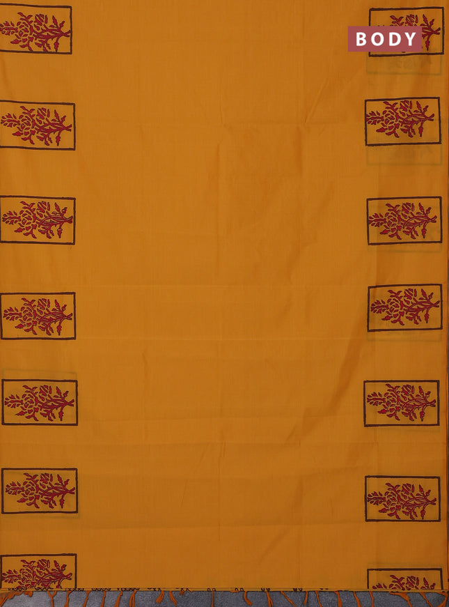 Semi silk cotton saree mango yellow and brown with butta prints and butta printed border