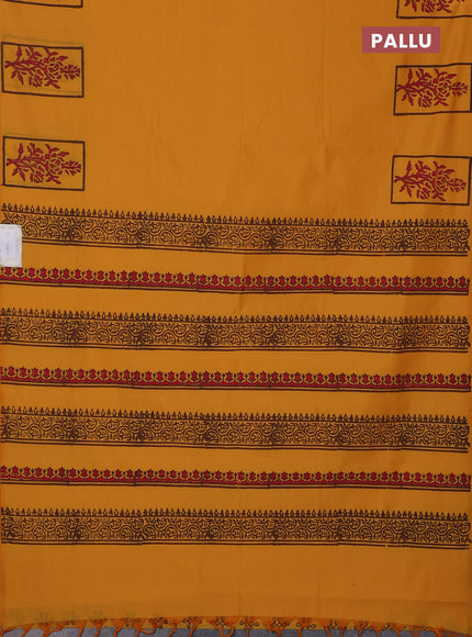 Semi silk cotton saree mango yellow and brown with butta prints and butta printed border
