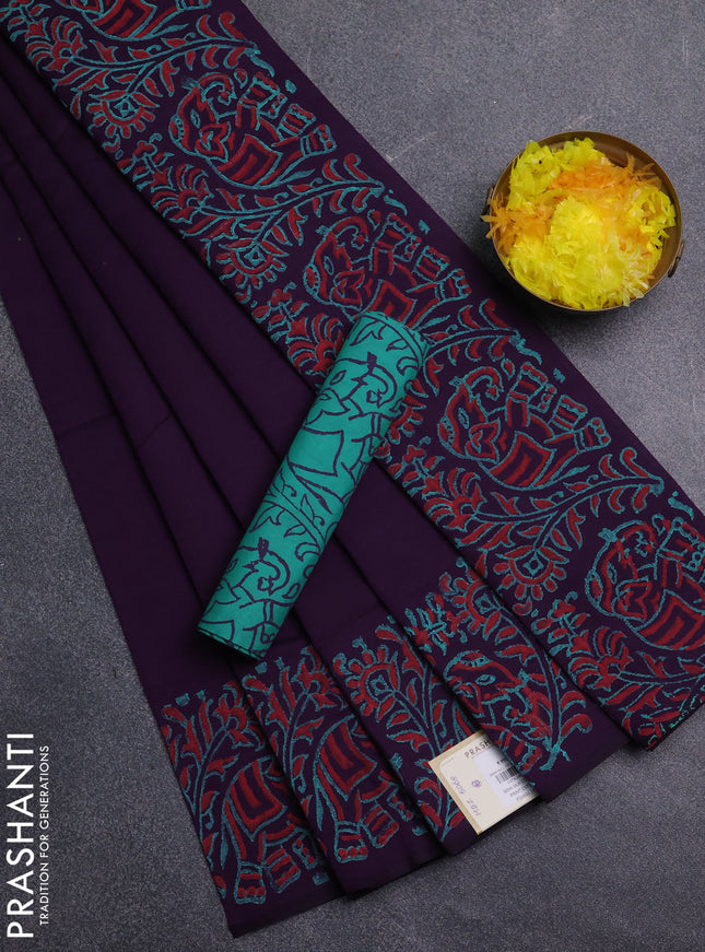 Semi silk cotton saree purple and teal green with elephant butta prints and printed border