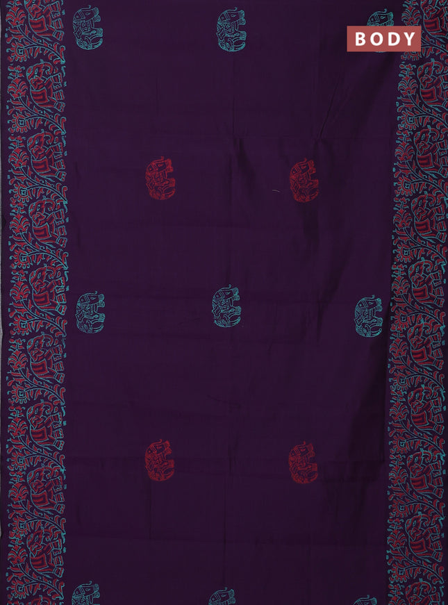 Semi silk cotton saree purple and teal green with elephant butta prints and printed border