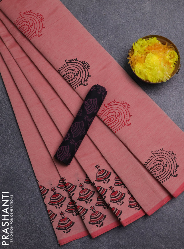Semi silk cotton saree red shade and black with plain body and printed border