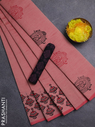 Semi silk cotton saree red shade and black with plain body and printed border