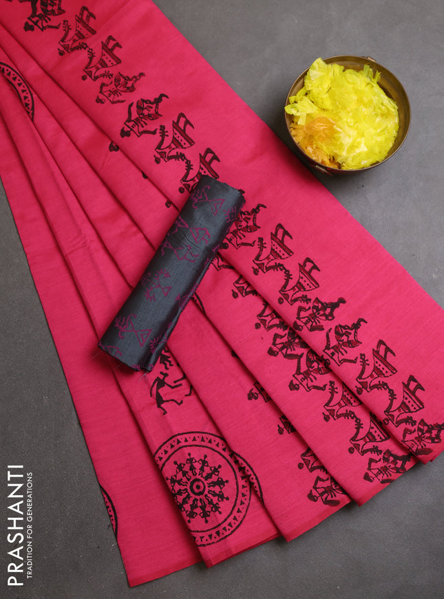 Semi silk cotton saree candy pink and grey with warli butta prints and butta printed border