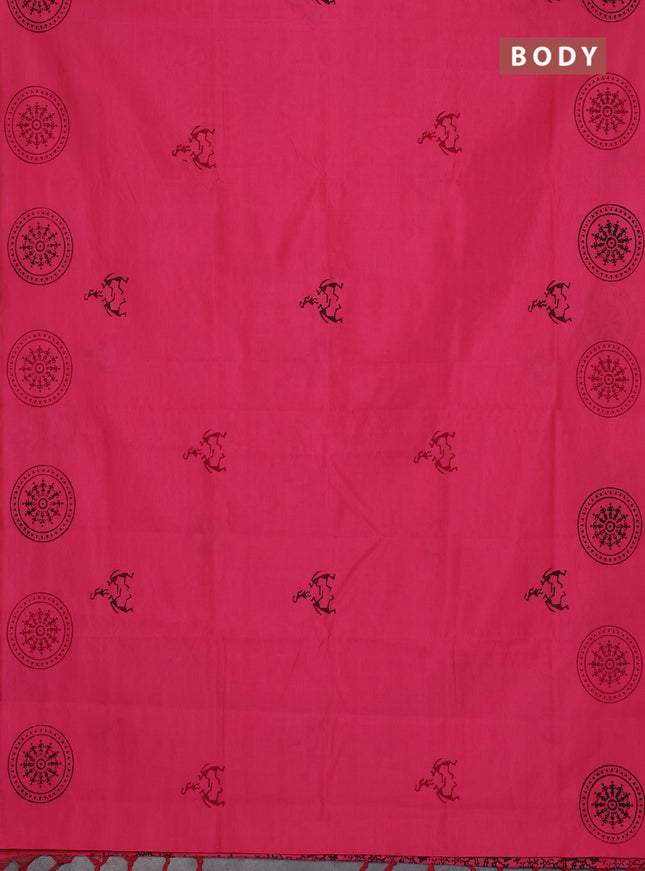 Semi silk cotton saree candy pink and grey with warli butta prints and butta printed border