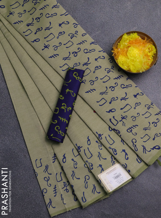 Semi silk cotton saree pista green and blue with butta prints and printed border