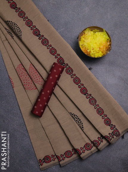 Semi silk cotton saree sandal and maroon with butta prints and printed border