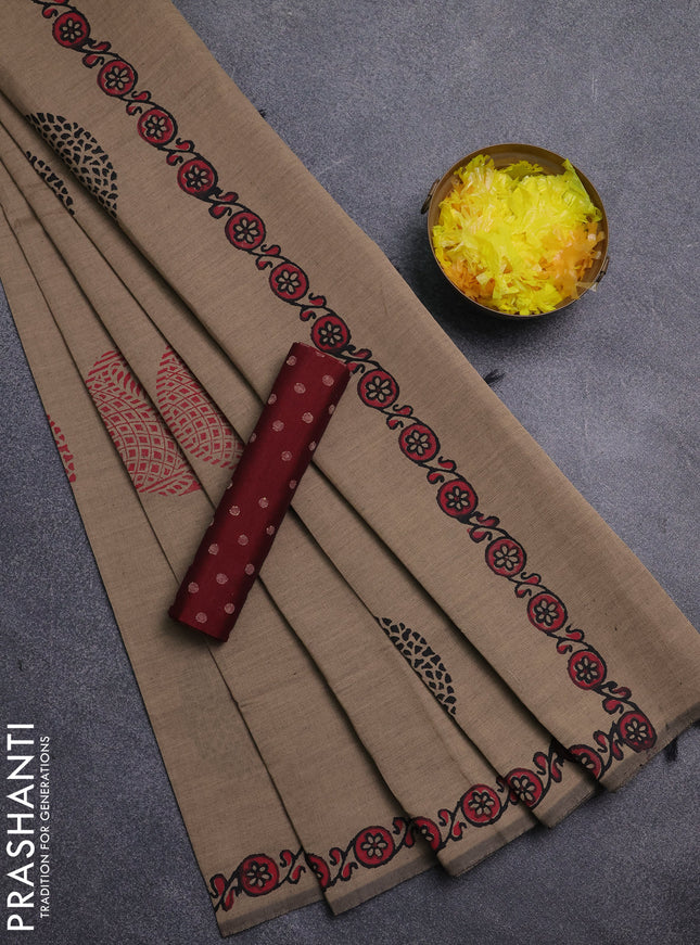 Semi silk cotton saree sandal and maroon with butta prints and printed border