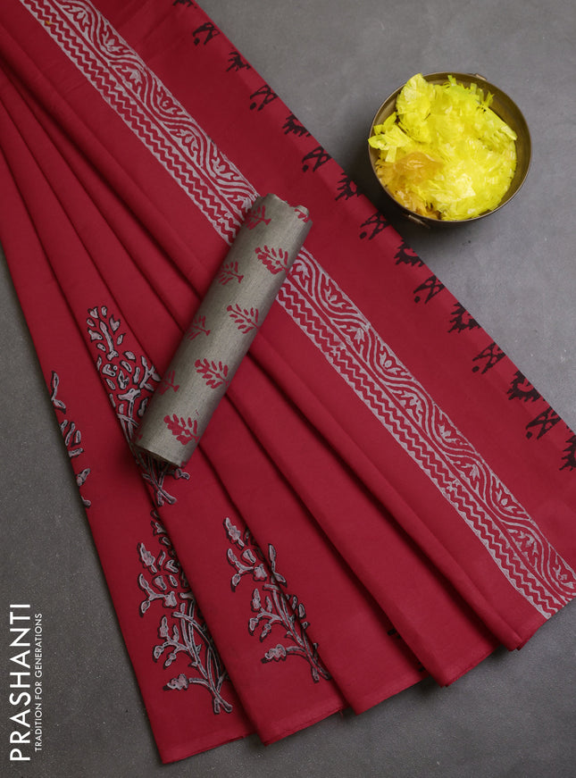 Semi silk cotton saree red and grey with plain body and butta printed border
