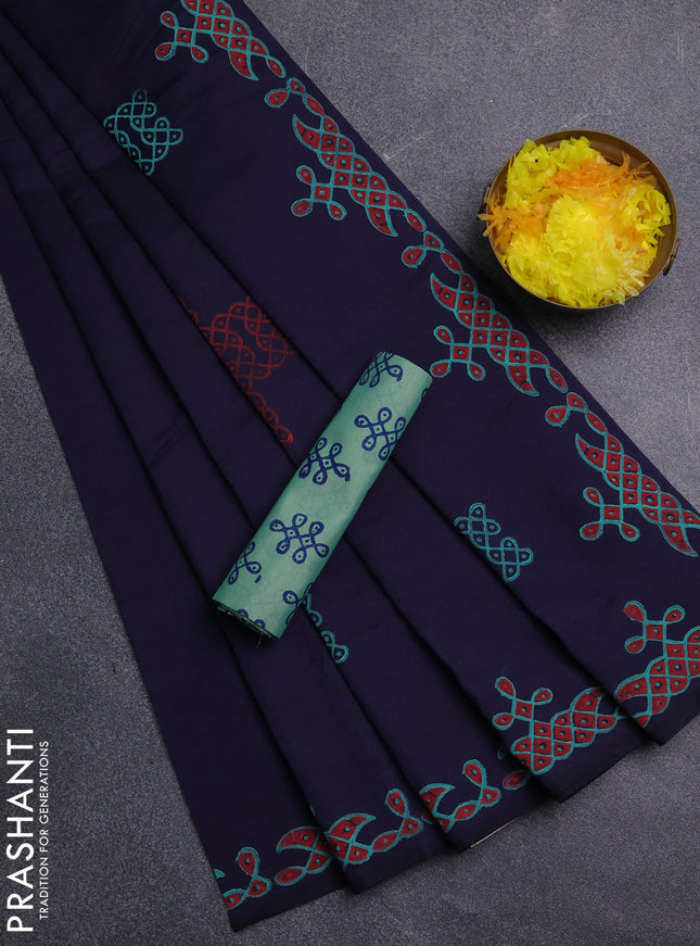 Semi silk cotton saree navy blue and teal green shade with rangoli butta prints and printed border