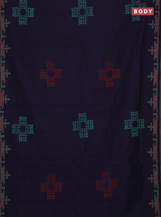 Semi silk cotton saree navy blue and teal green shade with rangoli butta prints and printed border