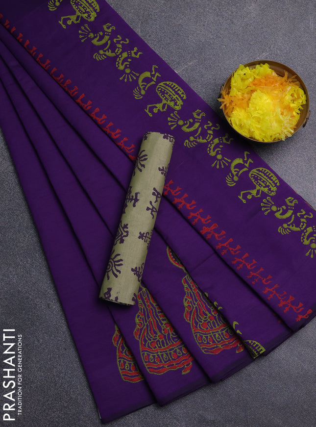 Semi silk cotton saree violet and pista green with plain body and butta printed border