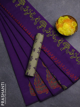 Semi silk cotton saree violet and pista green with plain body and butta printed border