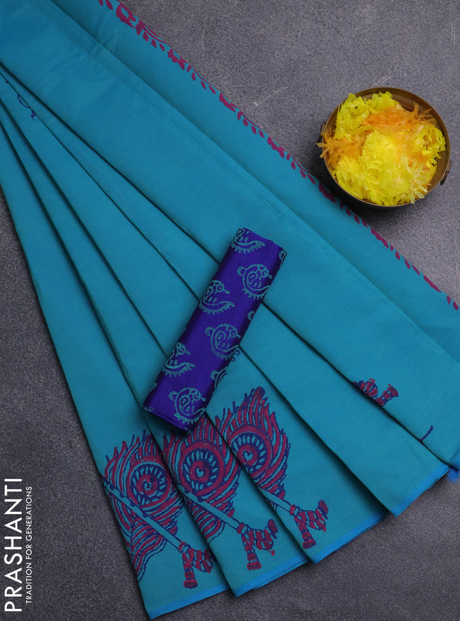 Semi silk cotton saree teal blue and blue with butta prints and butta printed border