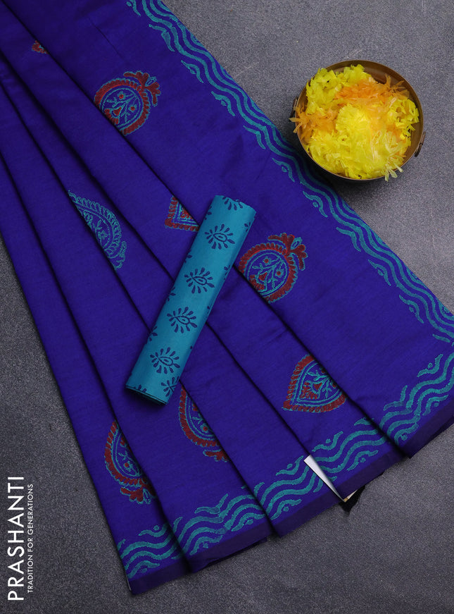 Semi silk cotton saree royal blue and teal blue with butta prints and printed border