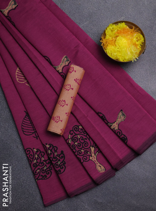 Semi silk cotton saree wine shade and pale orange with butta prints and butta printed border
