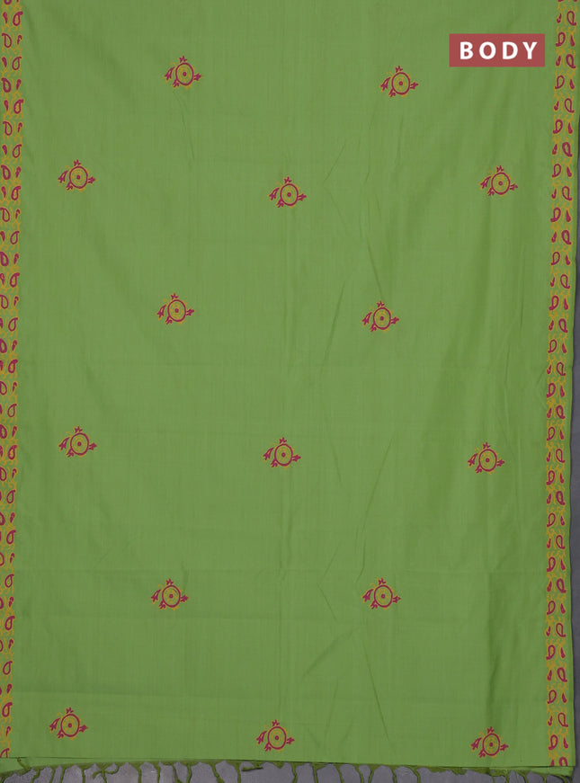 Semi silk cotton saree light green and yellow with butta prints and printed border