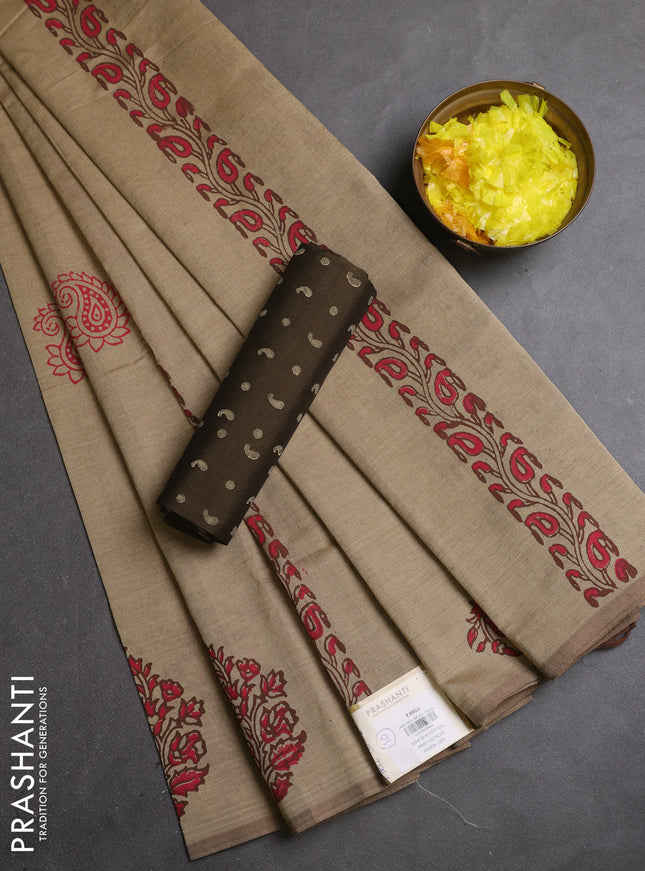 Semi silk cotton saree sandal and military green with butta prints and butta printed border