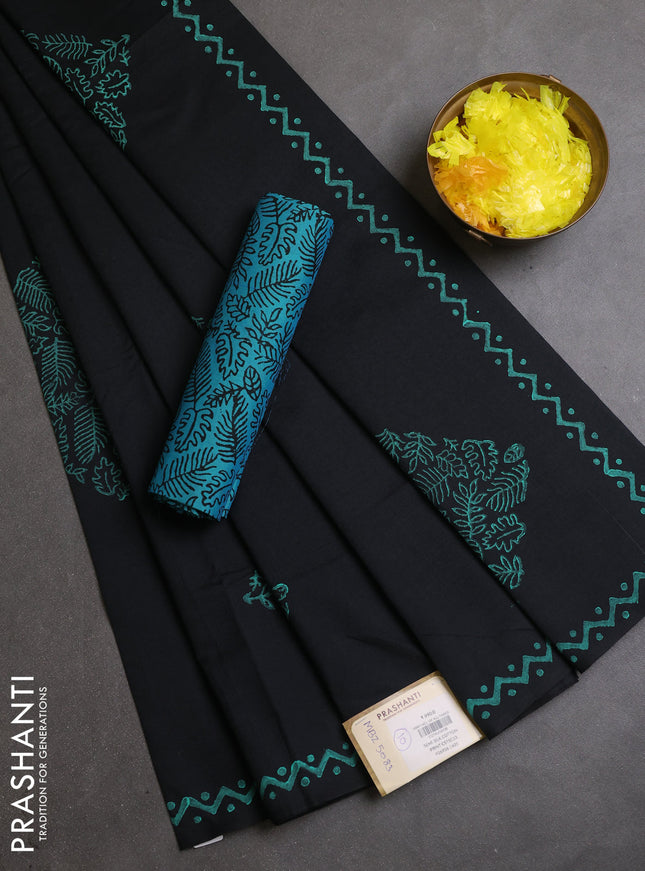 Semi silk cotton saree black and teal blue with butta prints and printed border