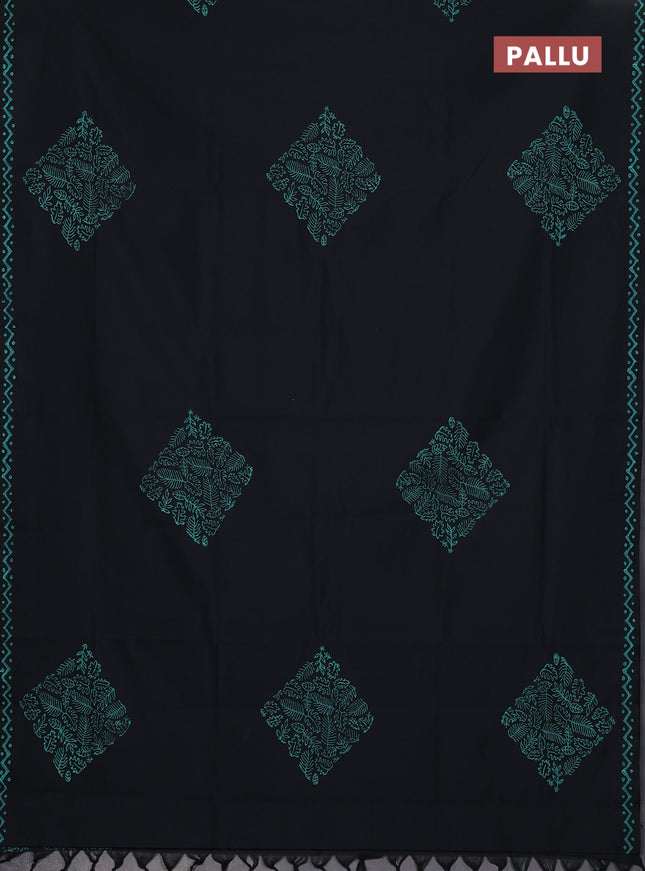 Semi silk cotton saree black and teal blue with butta prints and printed border