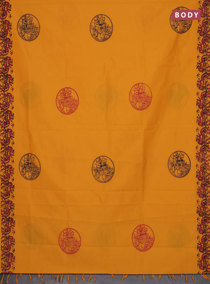 Semi silk cotton saree mango yellow and grey with butta prints and warli printed border