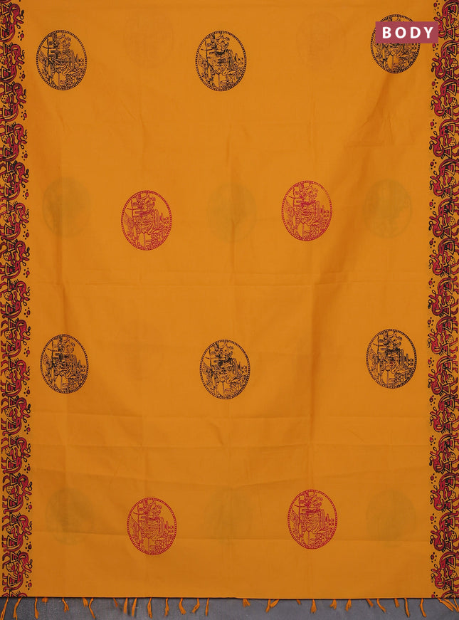 Semi silk cotton saree mango yellow and grey with butta prints and warli printed border