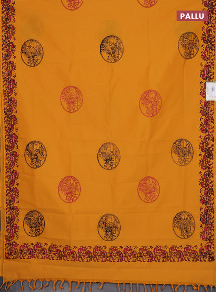 Semi silk cotton saree mango yellow and grey with butta prints and warli printed border