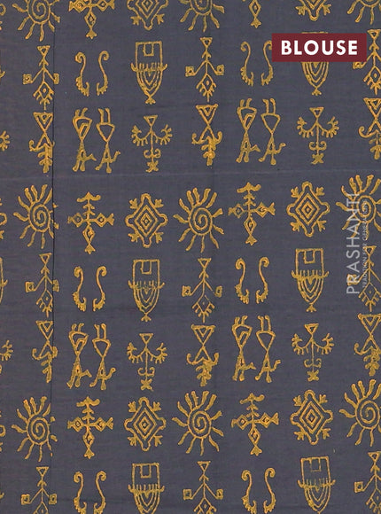Semi silk cotton saree mango yellow and grey with butta prints and warli printed border