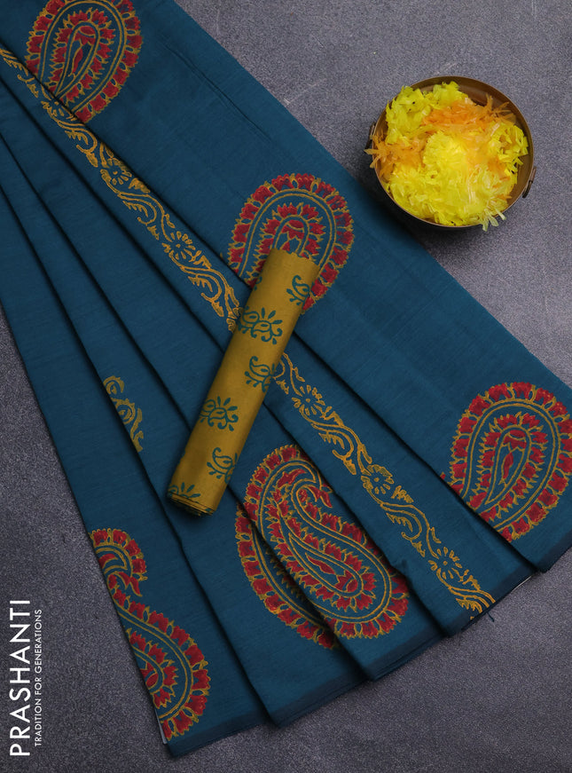Semi silk cotton saree peacock green and mustard yellow with butta prints and paisley butta prints