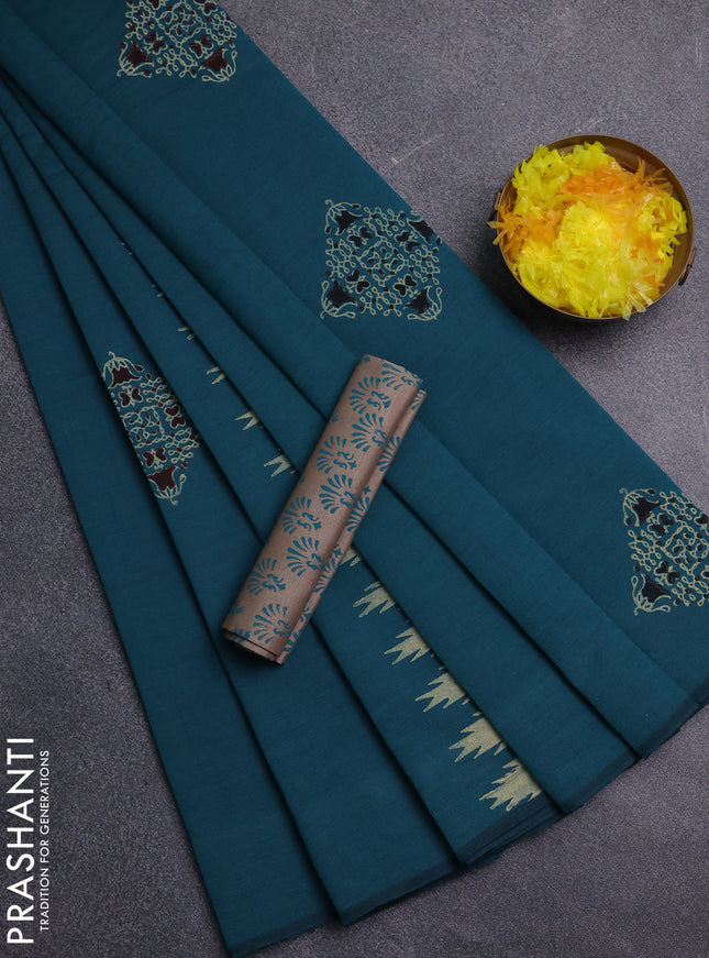 Semi silk cotton saree peacock green and beige with rangoli butta prints and butta printed border