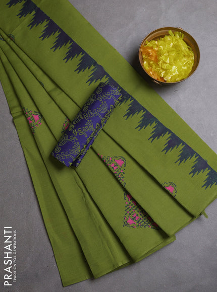 Semi silk cotton saree mehendi green and blue with rangoli butta prints and butta printed border