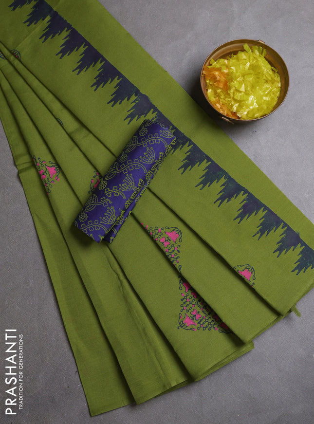 Semi silk cotton saree mehendi green and blue with rangoli butta prints and butta printed border