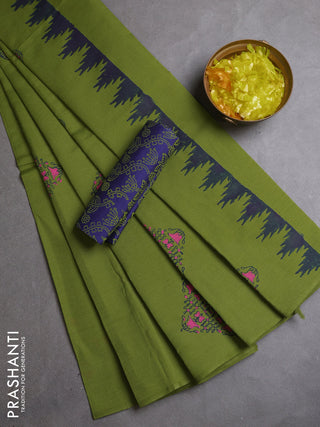 Semi silk cotton saree mehendi green and blue with rangoli butta prints and butta printed border